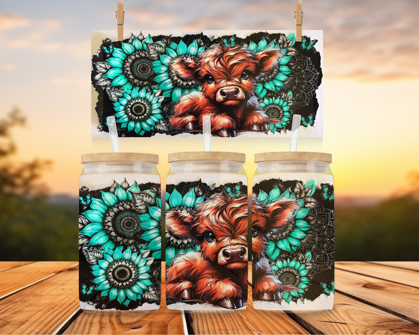 Teal Sunflower Highland Cow