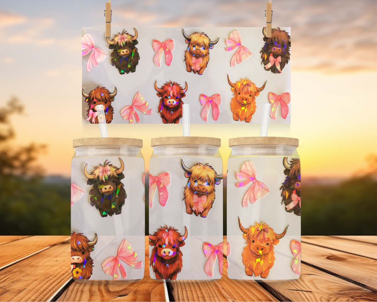 Pink Bows & Multiple Coloured Highland Cows Holographic