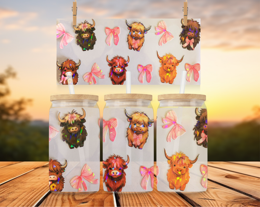 Pink Bows & Multiple Coloured Highland Cows Holographic