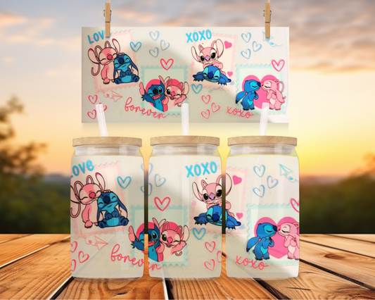 Pink And Blue Stitch With Hearts