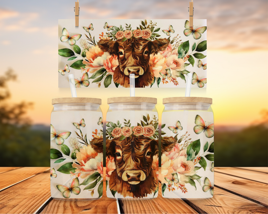 Floral Crown Highland Cow With Butterflies