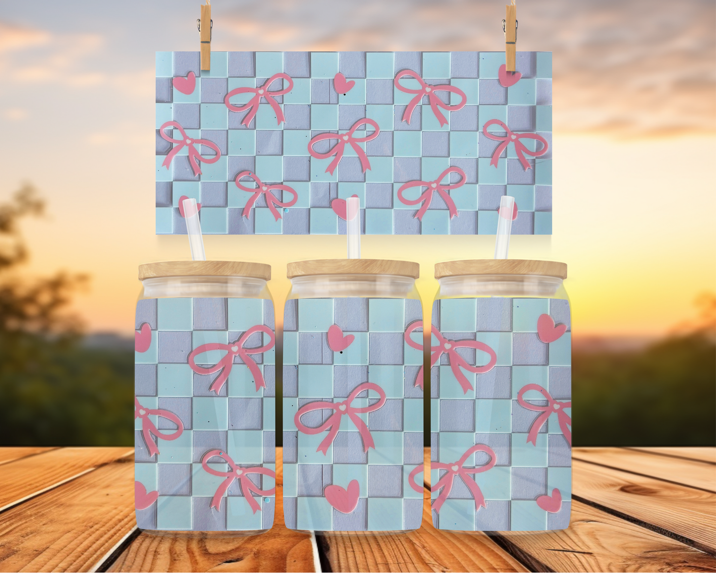 Blue Chequered & Pink bows