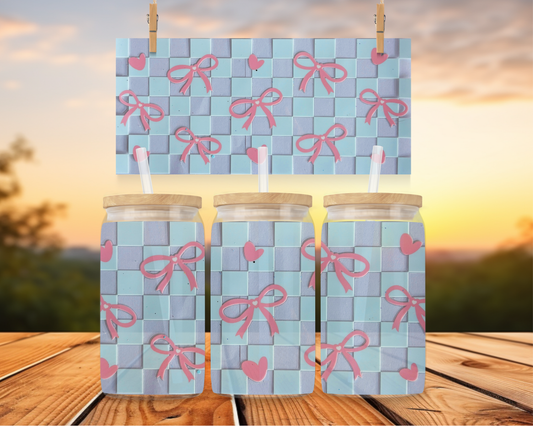 Blue Chequered & Pink bows
